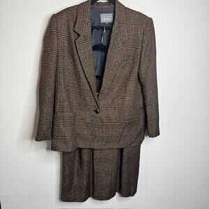 Vtg 1980's Brown Chetta B check Tweed Blazer & Skirt Suit Sz 14/15